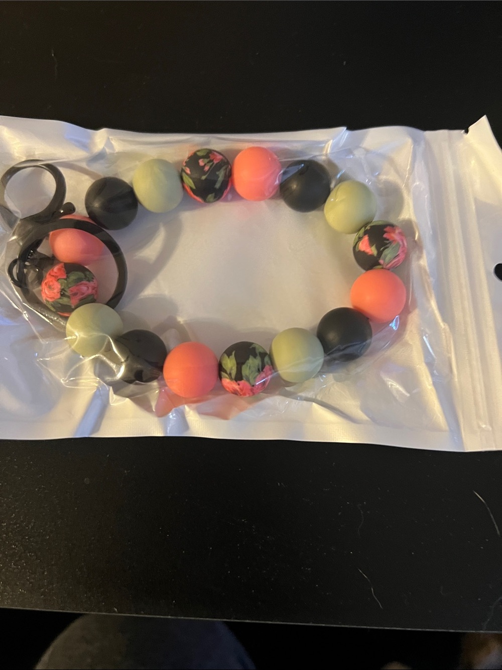 Floral Silicone Beaded Wristlet Keychain in Neon Coral & Sage
